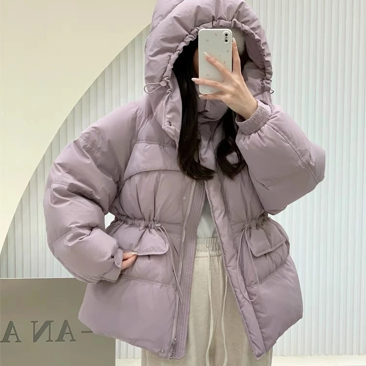 【2332】羽绒服女中长款抽绳收腰百搭连帽外套宽松显瘦连帽2332