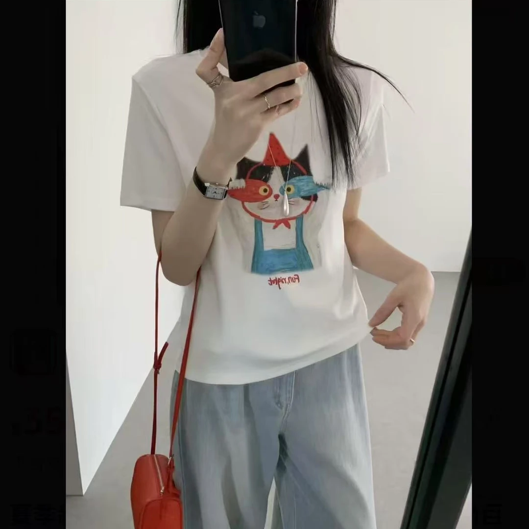 韩系ins减龄卡通小猫印花正肩圆领t恤女装大码休闲夏季新款上衣服