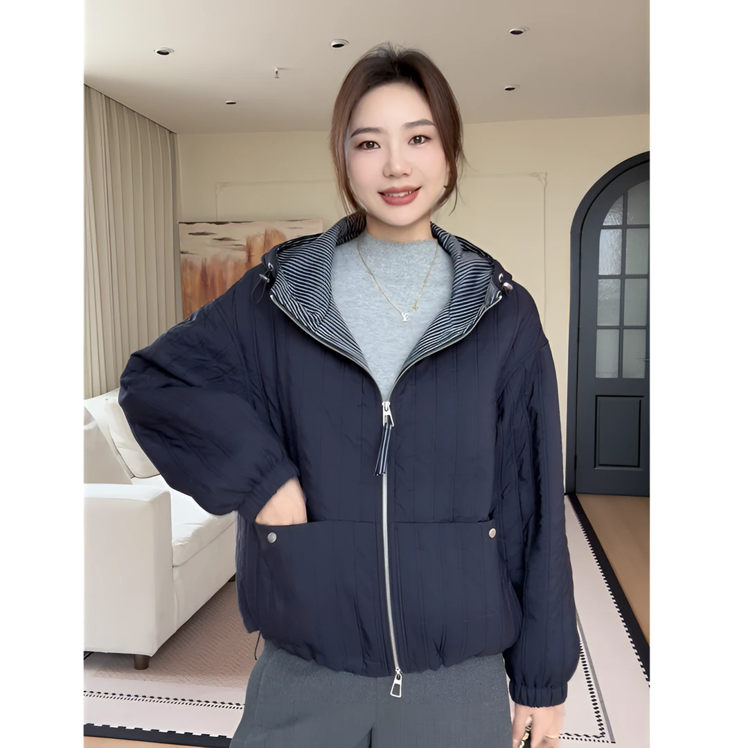 【余欢欢】冬季气质百搭简约拼色连帽下摆抽绳棉服外套-YHW50844