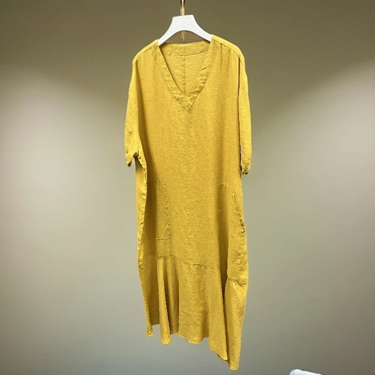亚麻V领中袖设计师款鱼尾裙长款夏季宽松气质时尚