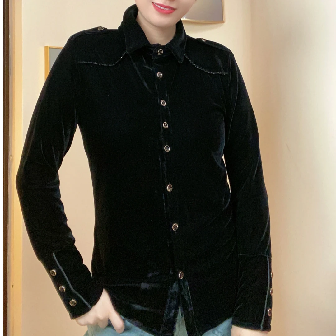 衬衫领显瘦对襟衬衫秋冬时尚丝绒上衣衬衣女装气质网红长袖