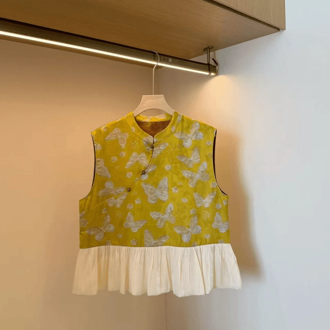 拼接蕾丝下摆新中式提花无袖上衣女2025夏季新款百搭气质显瘦上衣