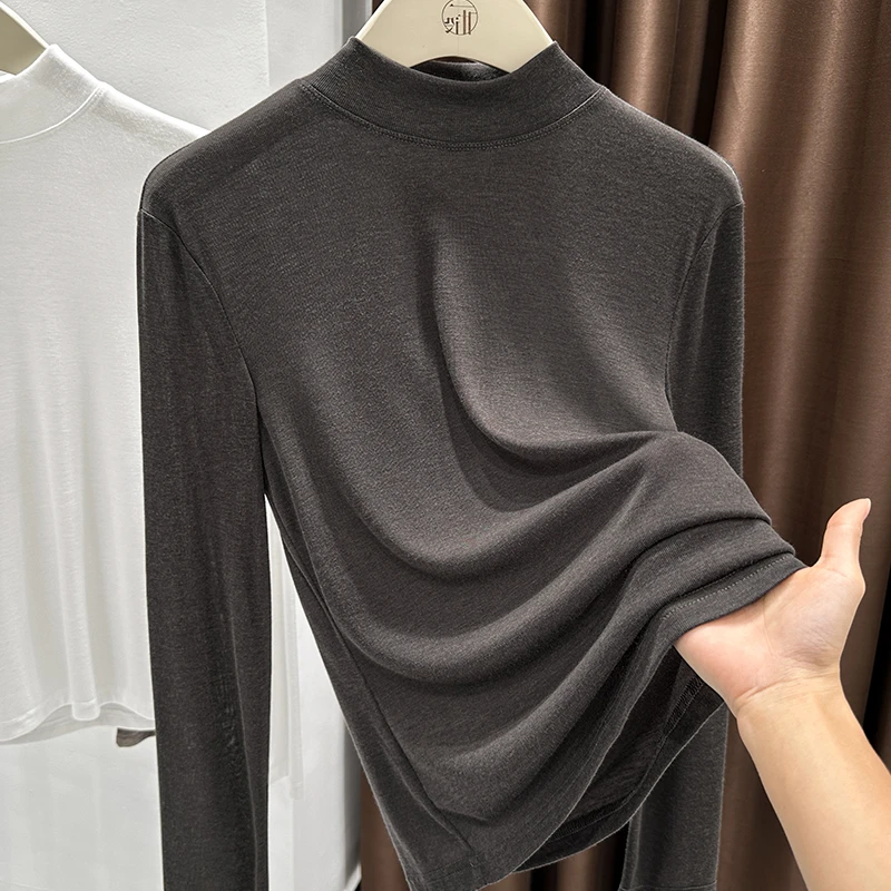 韩系深咖色半高领长袖套头正肩打底衫修身显瘦内搭T恤高档上衣女