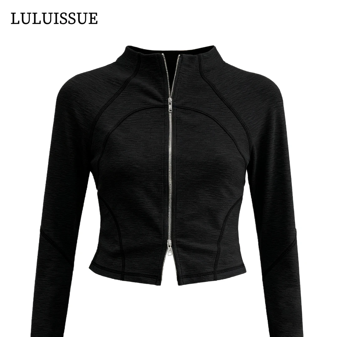 LULUISSUE灰色立领双拉链长恤女秋季新款美式覆古修身瑜伽运动服