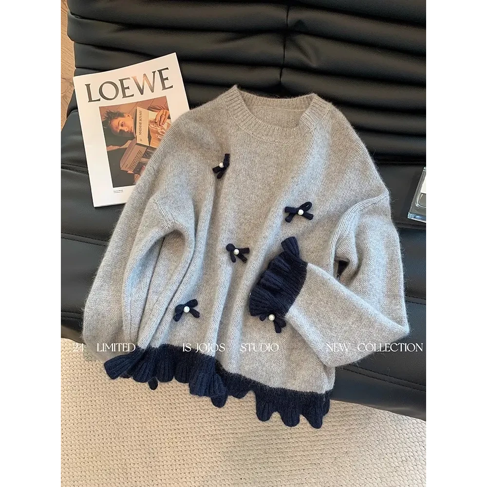 韩系蝴蝶结木耳边打底衫女秋冬高级感洋气修身软糯圆领内搭上衣潮