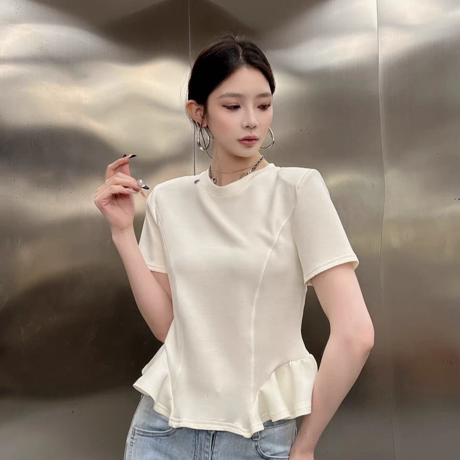 娃娃衫t恤女拼接荷叶边欧洲站2025夏季新款百搭修身洋气短款上衣