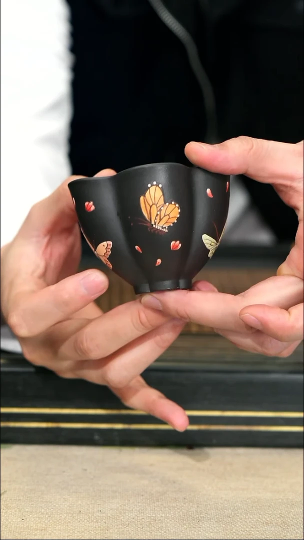 【闪购商品】紫砂茶壶13蝶舞花瓣杯 黑料