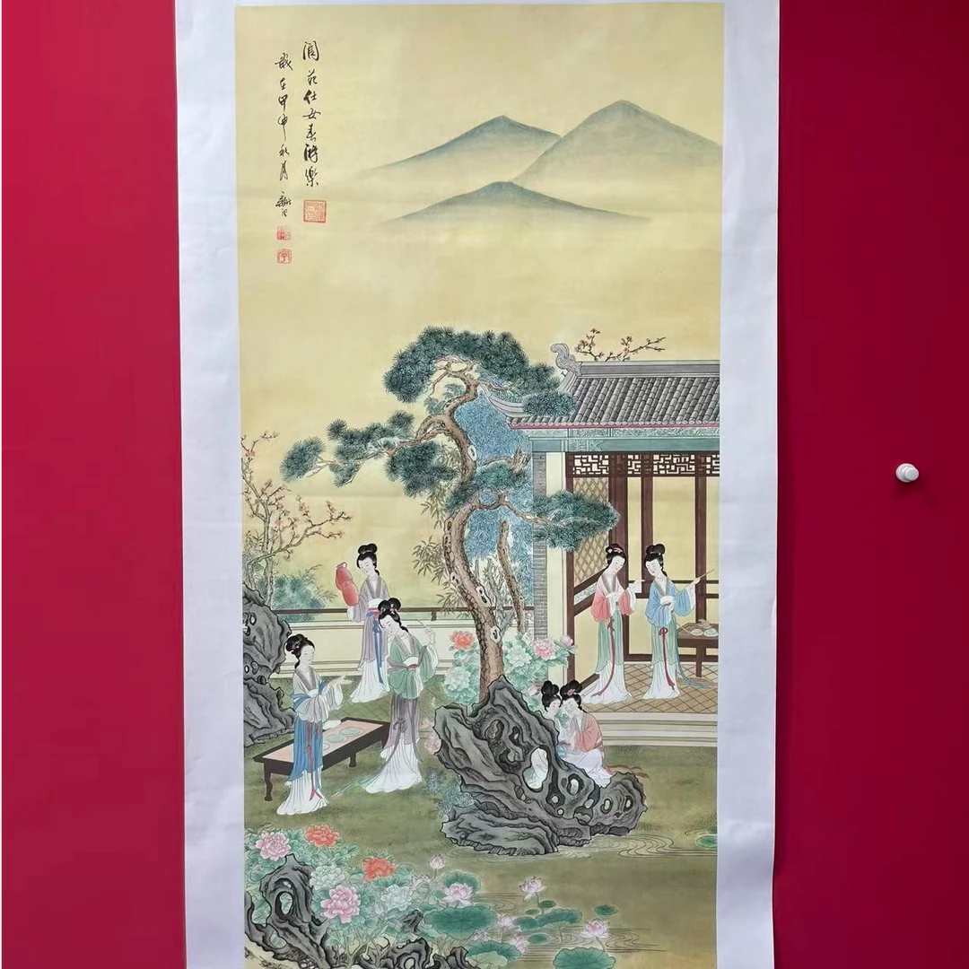 李新社手绘宣纸六尺竖幅阆苑仕女春游图人物国画