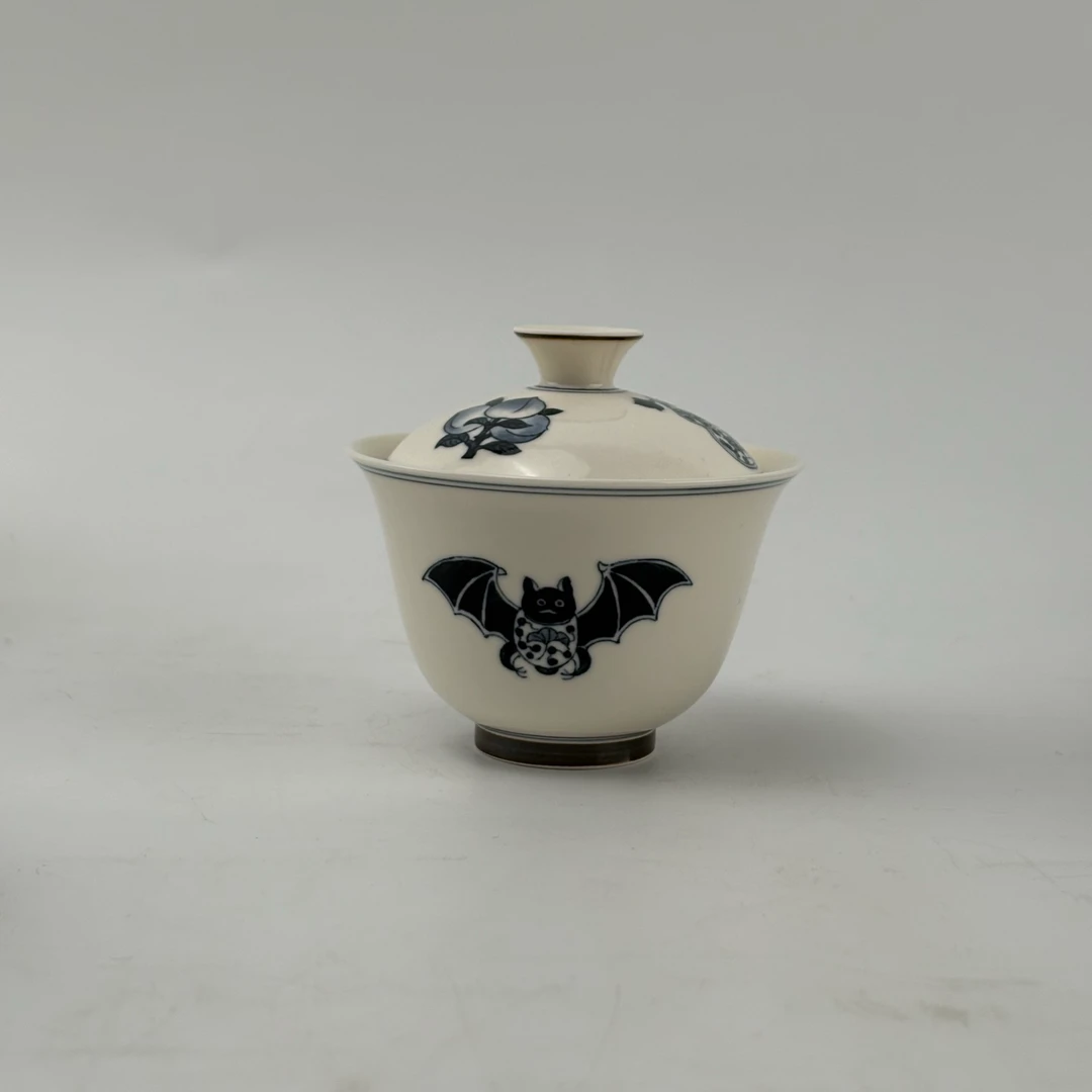 阿茶&等于堂  青花蝙蝠盖碗（等盖碗007）
