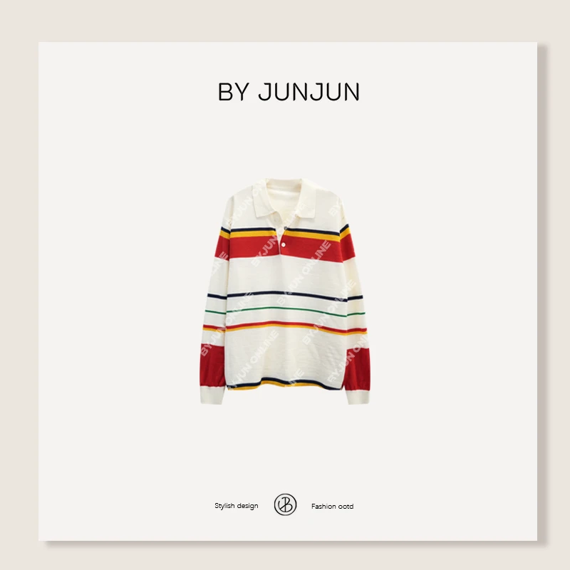 BYJUNJUN【突尼斯】羊毛拼色条纹长袖polo衫秋季新款女装