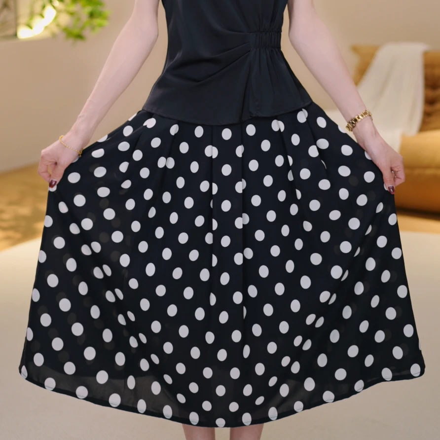 夏季新款小波点气质半身裙显瘦裙子松紧腰裙高腰中长款休闲百搭