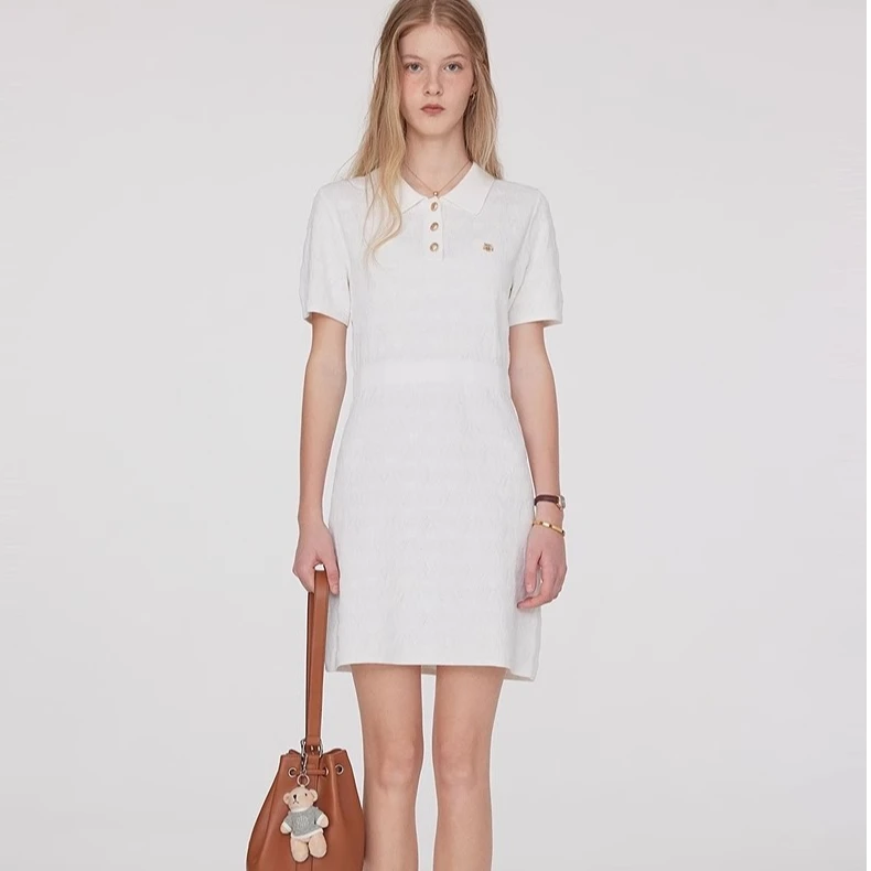 TeenieWeenie小熊连衣裙2025夏季休闲老钱纯色翻领裙TTOK252501W