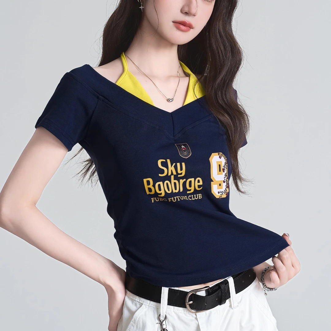 夏季新款美式复古绑带挂脖短袖T恤修身显瘦印花撞色假两件上衣女