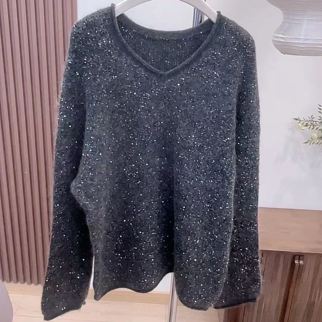 针织衫-78057时髦亮片慵懒风宽松套头