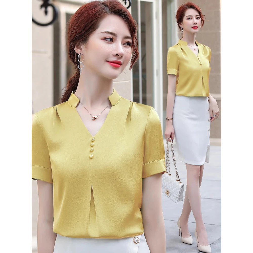 醋酸短袖衬衫女夏季2025新款高级职业西装气质通勤缎面衬衣工作服