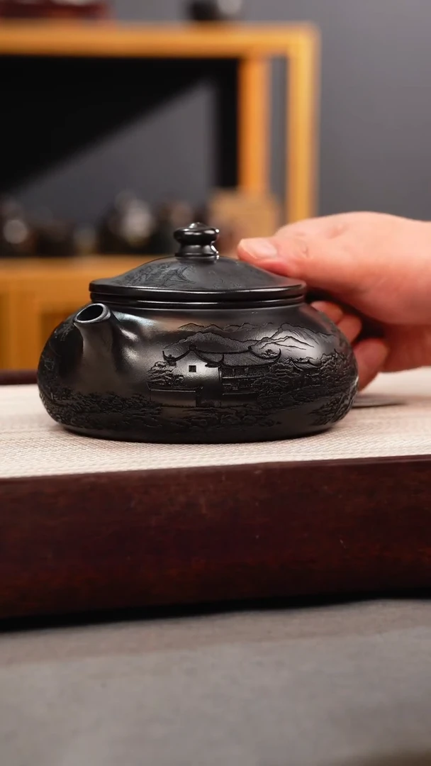 茶壶紫砂石黄 大寒江 刻绘