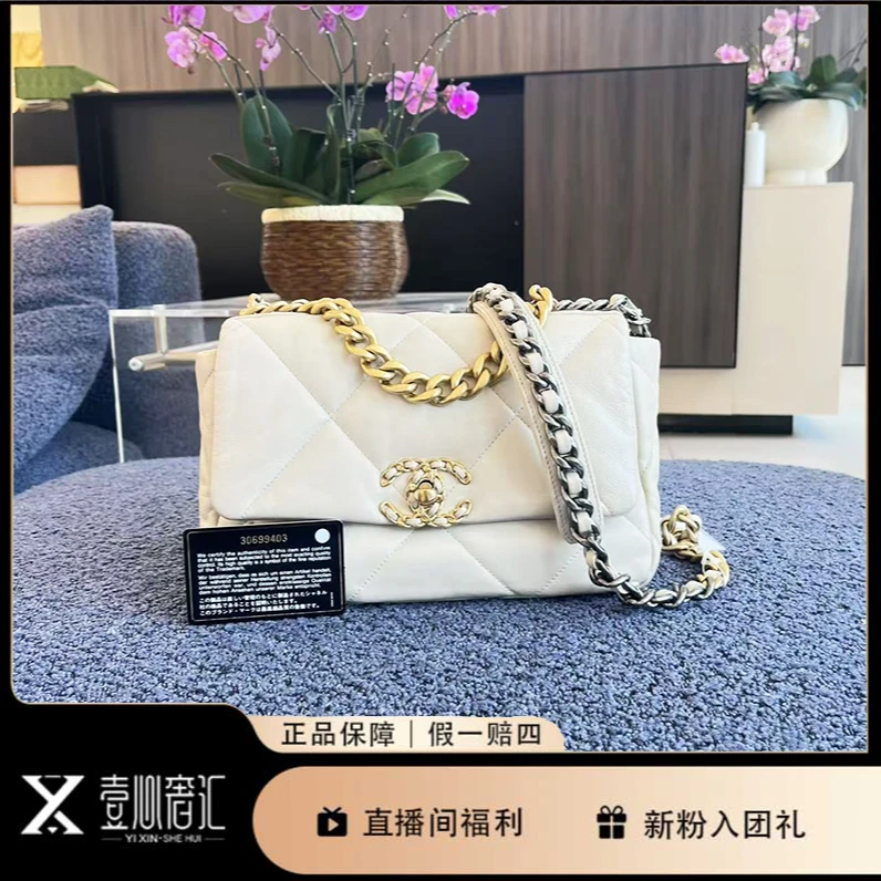 95新 Chanel/香奈儿 30开杏色金扣19bag小号斜挎包