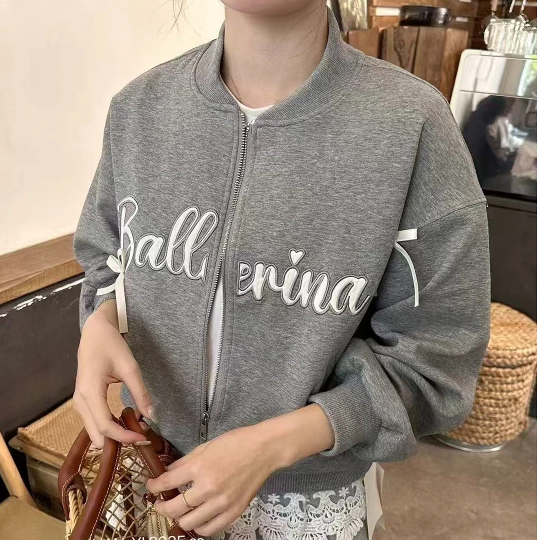 春季不褪色字母拉链刺绣女短外套蝴蝶结时尚秋季潮流春款春日穿搭