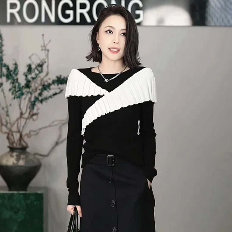 溶溶【晚墨轻云】RONGRONG绵羊毛山羊绒混纺撞色轻奢针织衫RRF51053