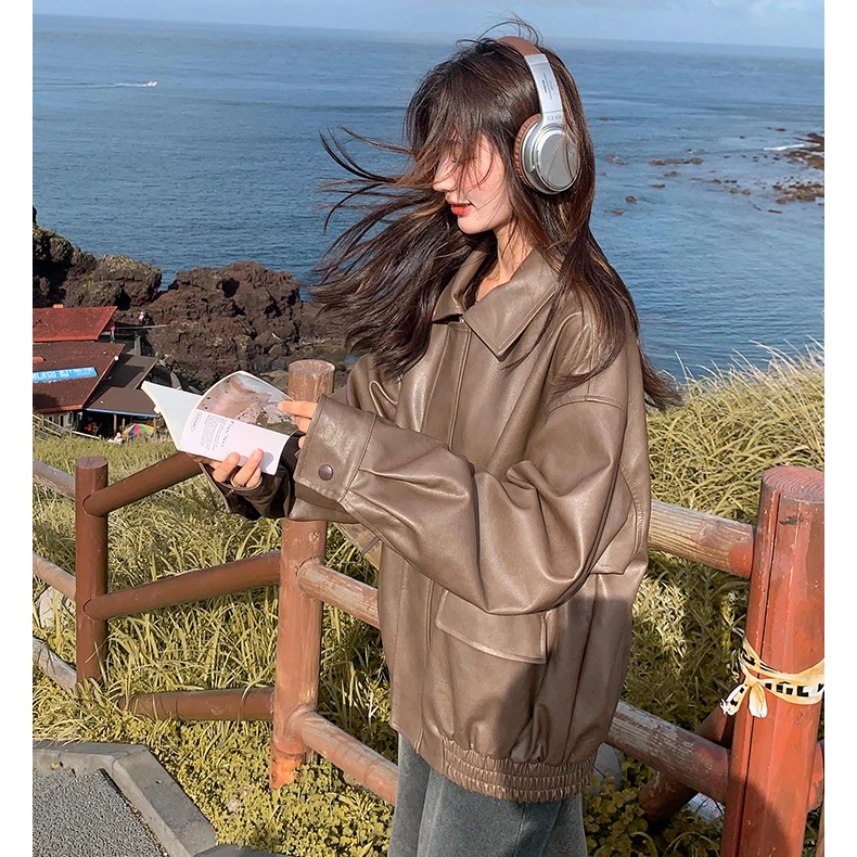 POLO领咖色皮衣外套女春秋季新款时尚港风复古休闲减龄显瘦皮夹克