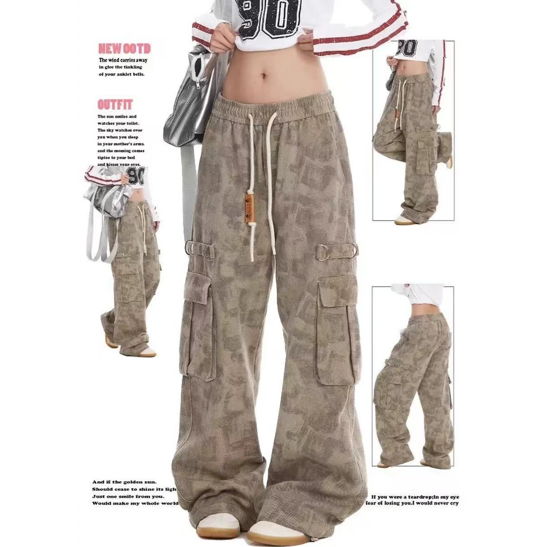 迷彩工装裤女秋冬季新款美式复古废土风嘻哈街头潮牌直筒休闲裤子