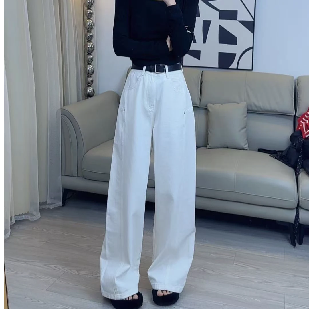 高品质白色显瘦阔腿牛仔裤高腰垂感配腰带牛仔裤
