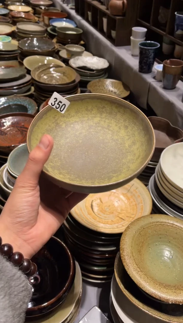 【闪购商品】瓷片350   粗陶草绿高足盘1个