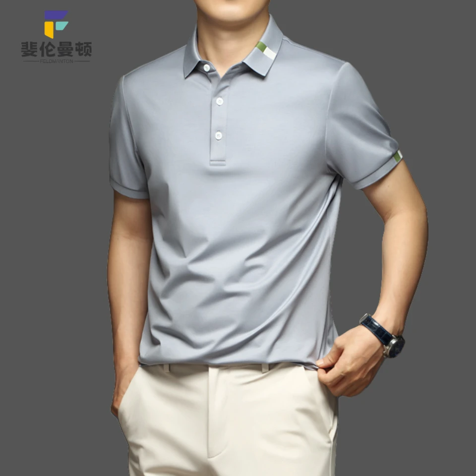 2025夏季轻奢高端商务休闲短袖男t恤桑蚕丝翻领薄款半袖男polo衫