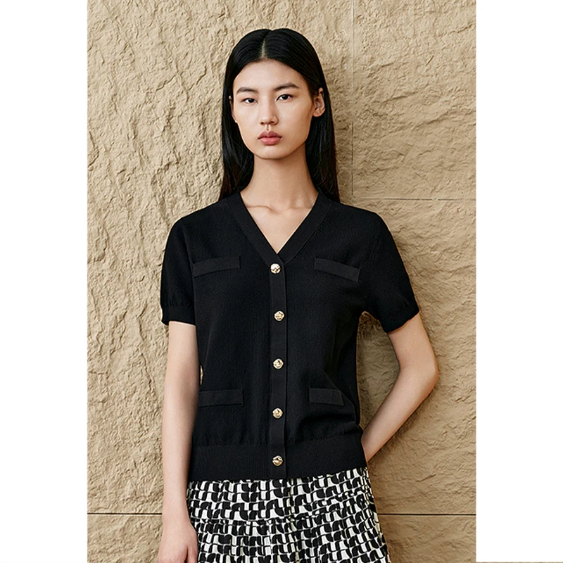 「新派极简」INSUN恩裳夏季气质黑色小香风肌理感针织衫9C65206090