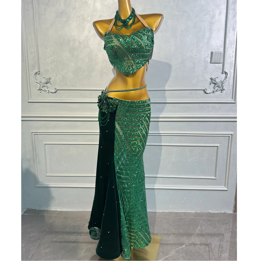 舞姿翼新款东方舞蹈服女 2025网红款绿色亮片表演服套装WZY113