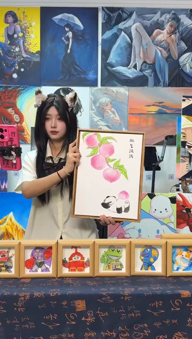丙烯画鸡***柿桃气满满丙烯画x