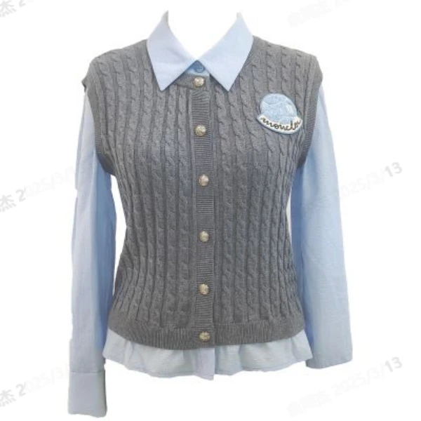 PSLATER诗篇假两件拼接绵羊毛醋纤针织衫2025春新款