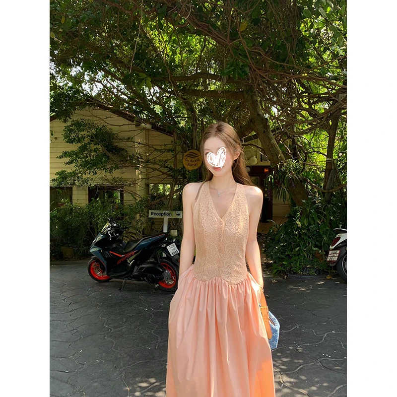 【现货专属】春夏小众显瘦收腰气质蕾丝拼接法式脖连衣裙z477