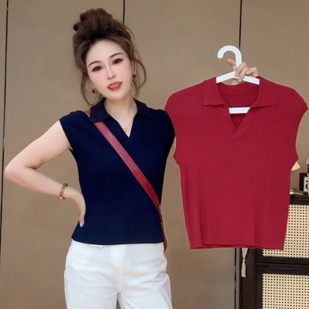 2025夏季新款韩版百搭减龄上衣翻领时尚宽松显瘦无袖针织衫女女款