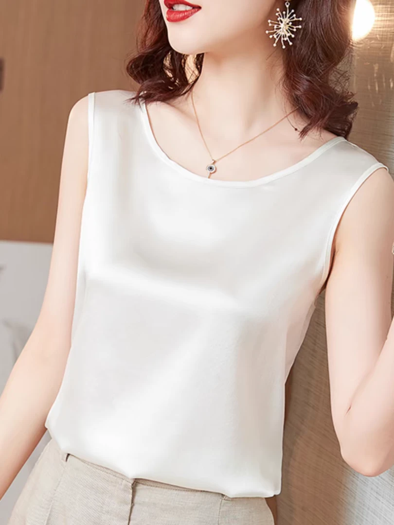 2025新款上衣时尚休闲百搭潮流纯色无袖缎面背心打底内搭女