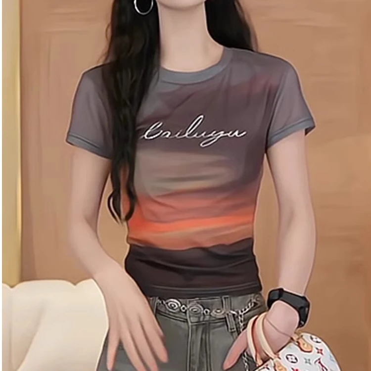 2025夏季新款韩系晕染字母圆领短袖T恤女设计感修身洋气百搭上衣