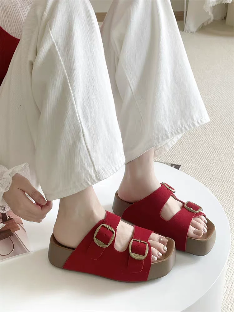 【002】厚底凉拖鞋女夏外穿法式复古博肯软底一字拖