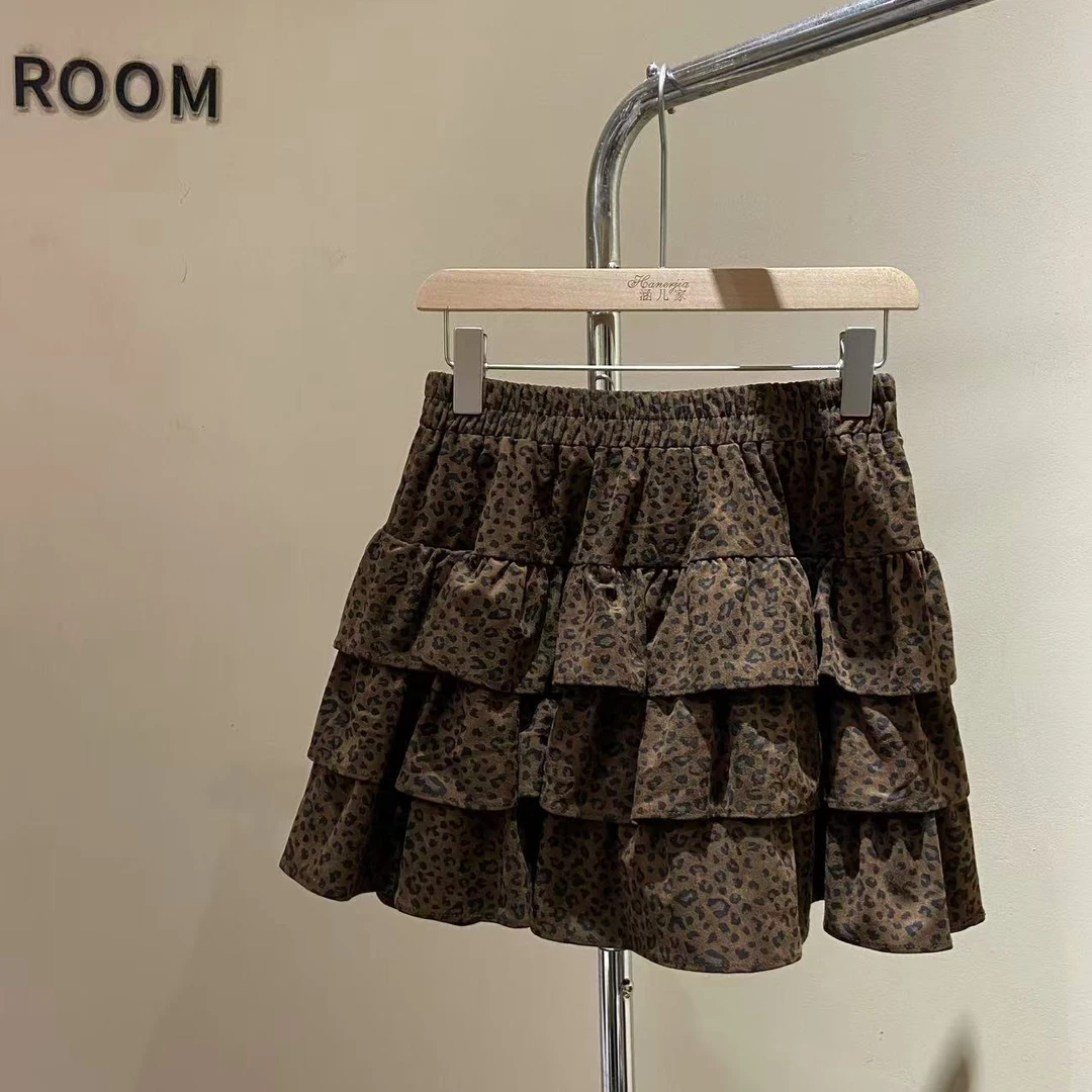 涵儿家 早秋松紧腰豹纹层次感蛋糕裙-8833