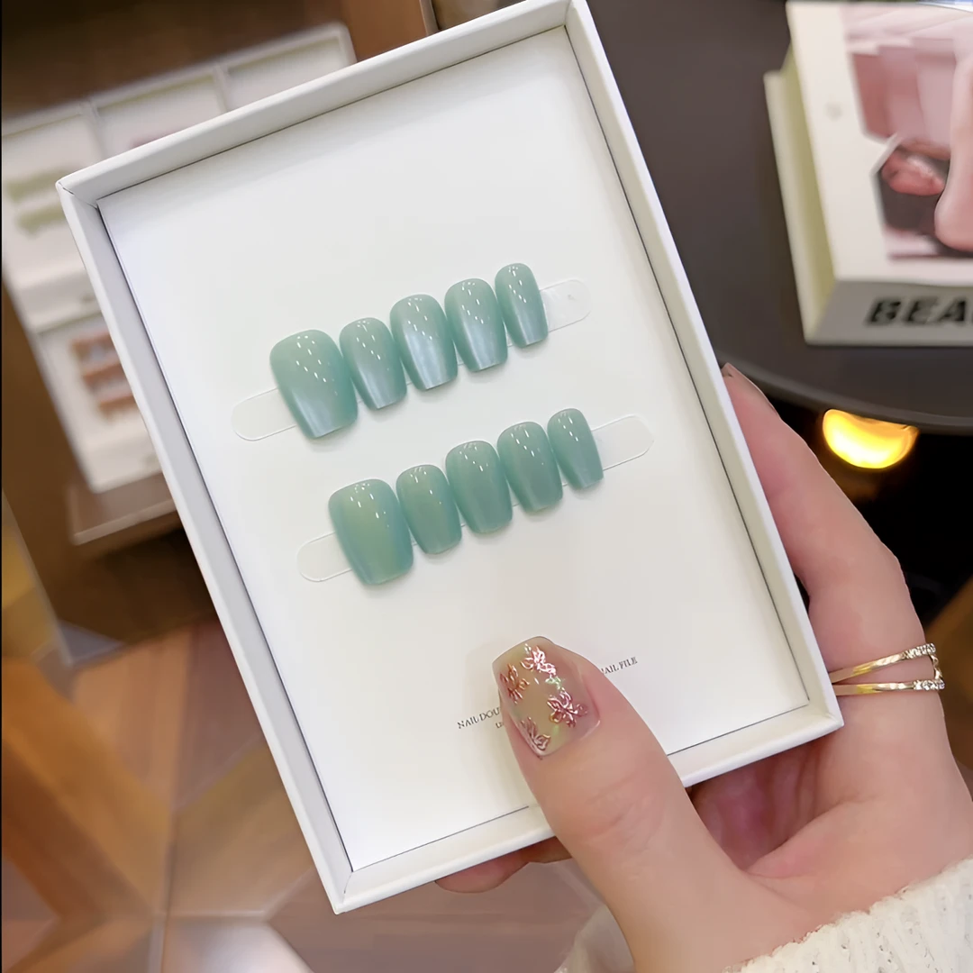 【蓝幽灵】高品质穿戴甲高级蓝色高贵短方玻璃猫眼时尚温柔美甲贴片