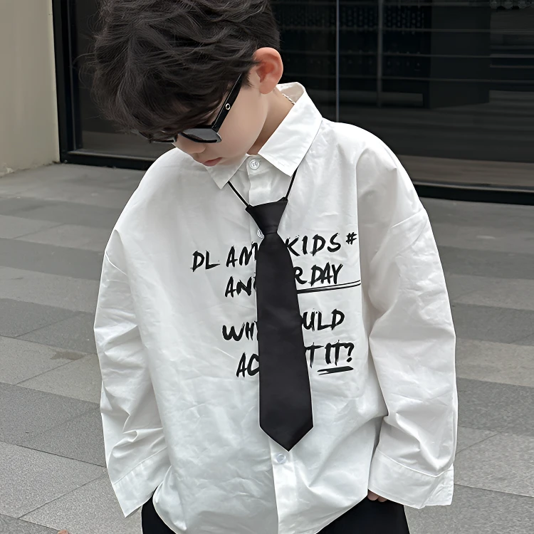 麦哟哟儿童春款衬衫长袖休闲帅气翻领韩版时尚洋气白色印花中小童