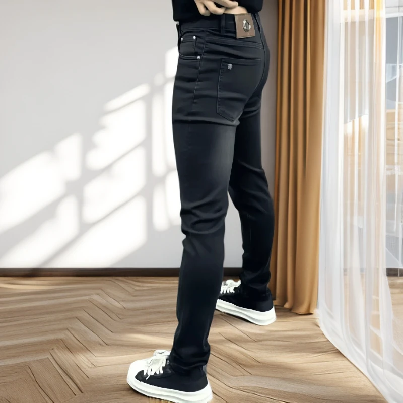 欧货轻奢黑色复古加绒加厚男裤秋冬修身直筒牛仔裤高档男士休闲裤