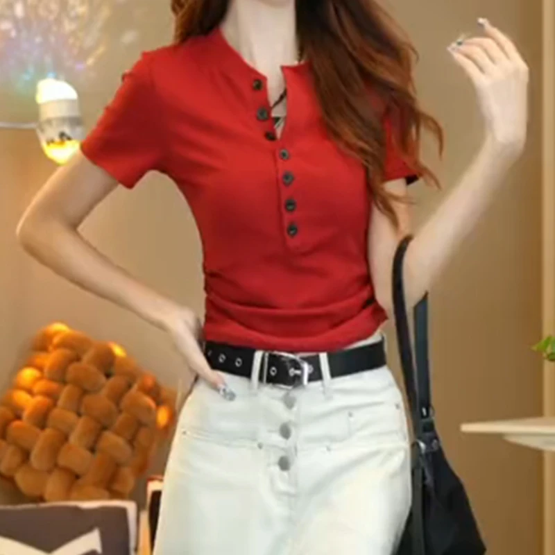 设计感正肩短袖t恤女2025年夏季新款韩系简约风潮流百搭纯色上衣