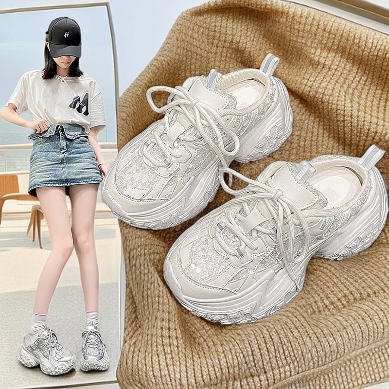 大码女鞋子41一43夏季新款胖脚宽肥新款厚底外穿增高透气老爹鞋