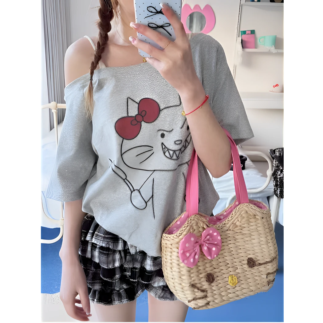 【UBKA】美式趣味搞怪kitty猫露肩短袖t恤女夏季新款甜辣风宽松上衣