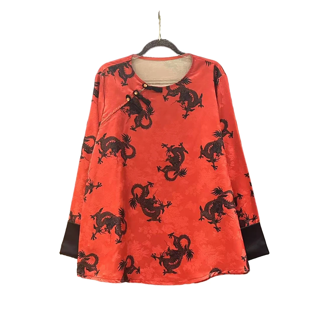 9586/#2025新款时尚百搭中式国风圆领复古女士斜襟钉珠印花上衣