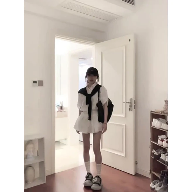 韩系出行穿搭套装白色polo领衬衫上衣女春夏季新款气质短裙两件套