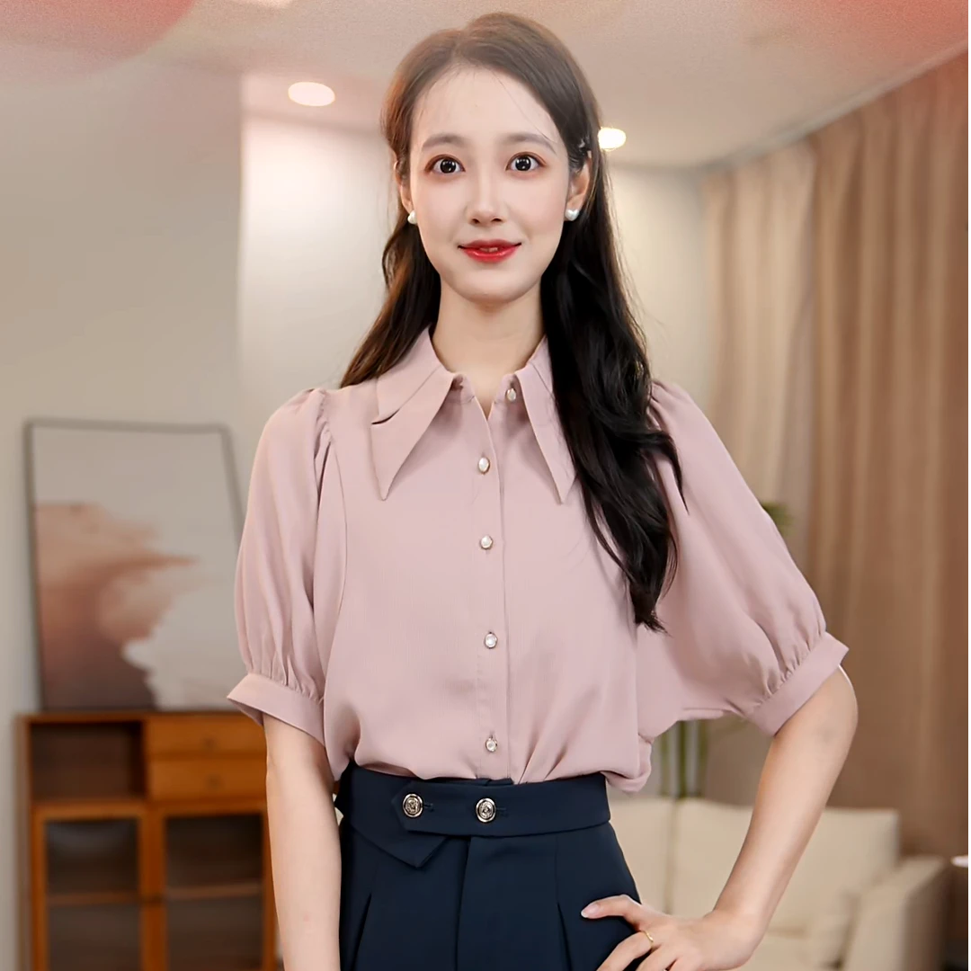 【清凉一夏】气质灰粉色衬衫女时尚百搭设计感职业上衣8392122清清