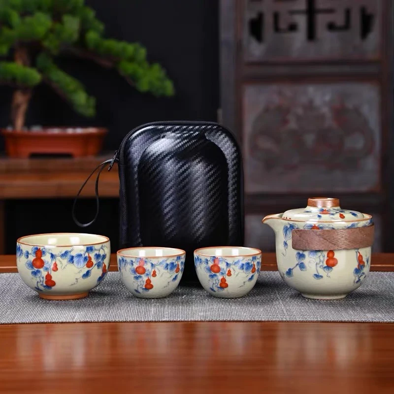 汝窑陶瓷旅行茶具便捷式带包一壶三杯高颜值全套办公室专用泡茶器