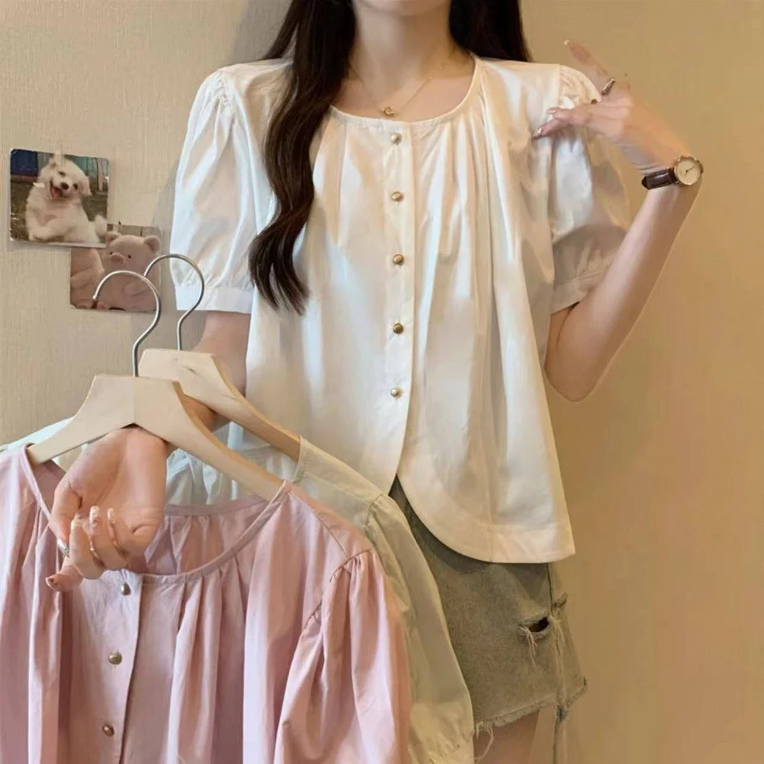 2025夏季显瘦法式褶皱泡泡短袖衬衫女设计感小众不规则气质上衣