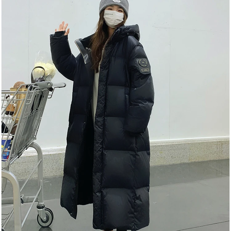 2024新款白鹅绒长款过膝连帽黑色羽绒服冬季保暖外套